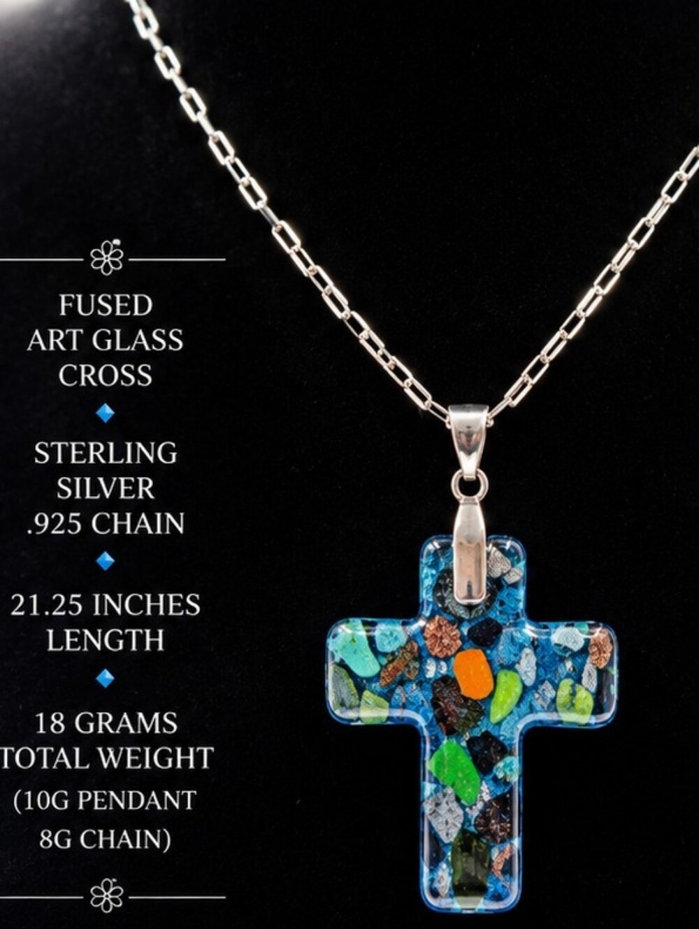 Artisan Fused Art Glass Cross Necklace Sterling Silver .925 21.25" Blue Handmade